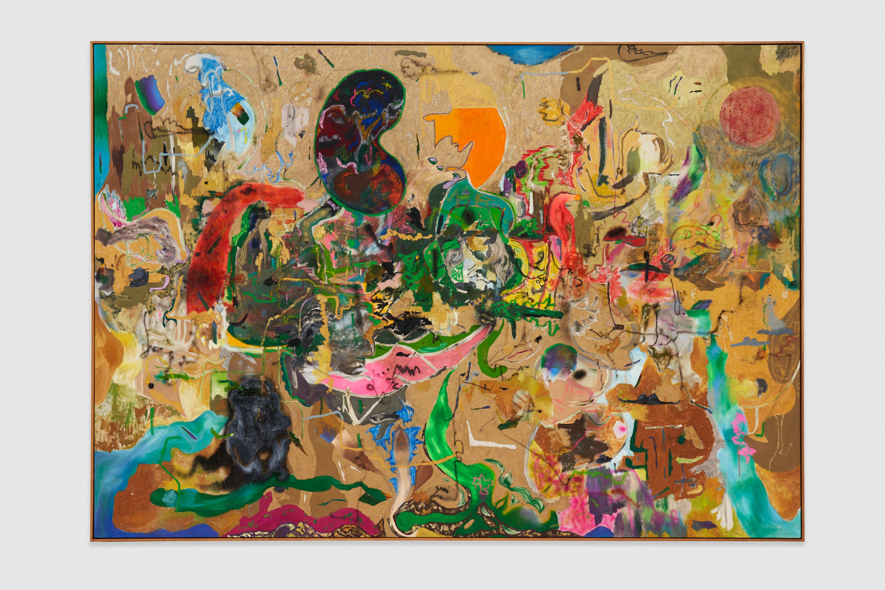 Michael Bauer Drunk Bean Man and Golden Dawn, 2021 Oil, acrylic, and pastels on canvas 66 x 94 1/2 in (framed) 167.6 x 240 cm (framed) (MBA22.007)