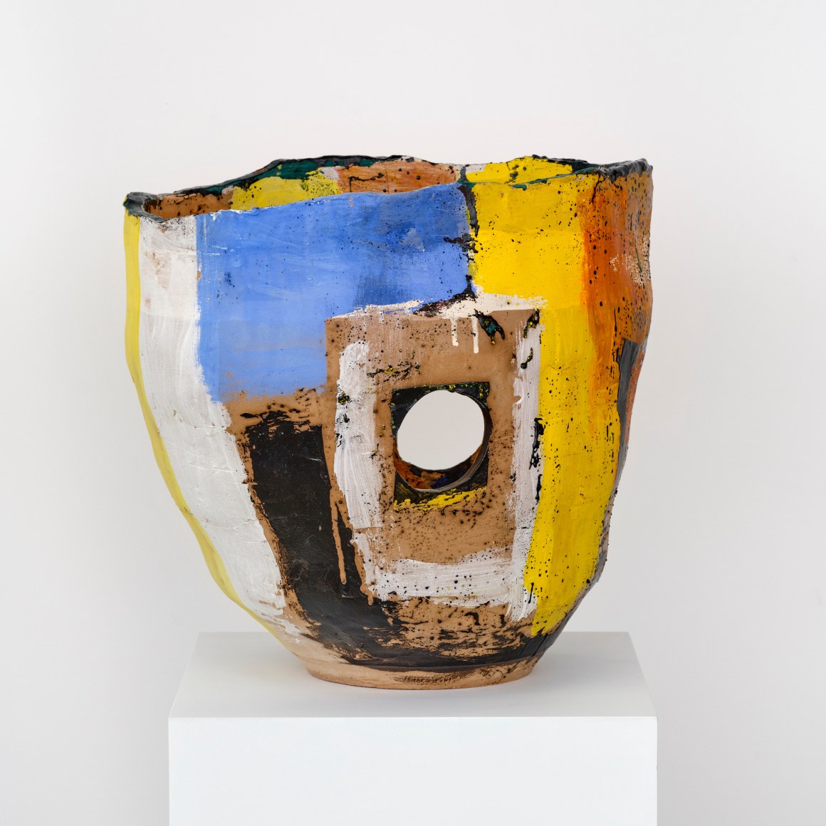 Roger Herman big bowl, 2 holes, pink, blue, yellow, 2024 Glazed ceramic 18 1/2 x 19 1/2 in 47 x 49.5 cm (ROH24.021)
