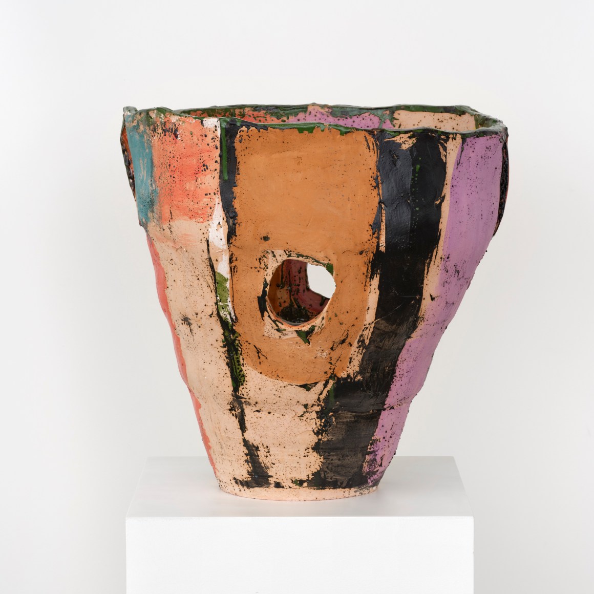 Roger Herman, large vessel, 2 holes, pink, lavender, yellow, 2023