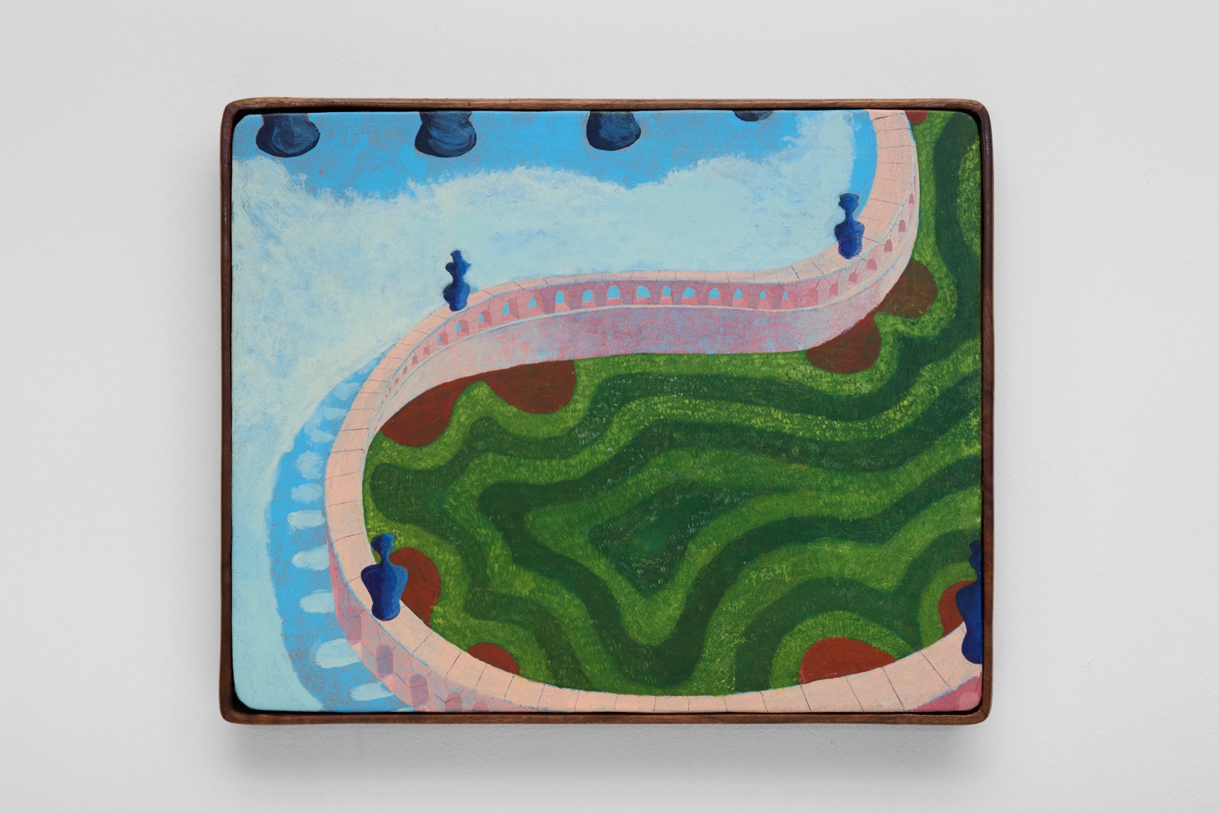 Karel Dicker Swimming Pond, 2025 Acrylic on Belgian linen with American walnut frame 13 3/4 x 17 in 34.9 x 43.2 cm (KDI25.013)