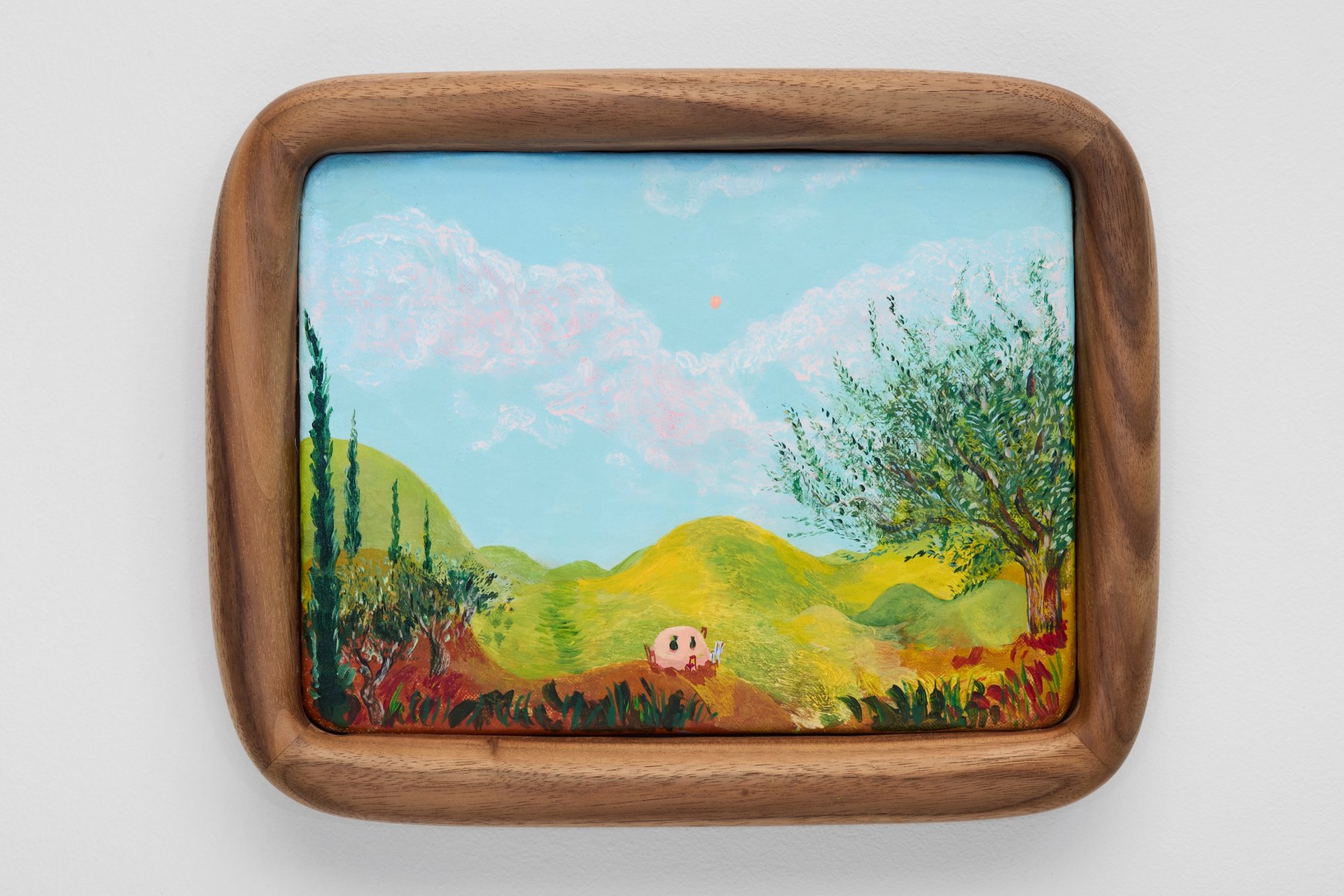 arel Dicker Olive Trees and a Table, 2025 Acrylic on cotton with American walnut frame 10 1/4 x 12 5/8 in 26 x 32 cm (KDI25.010)