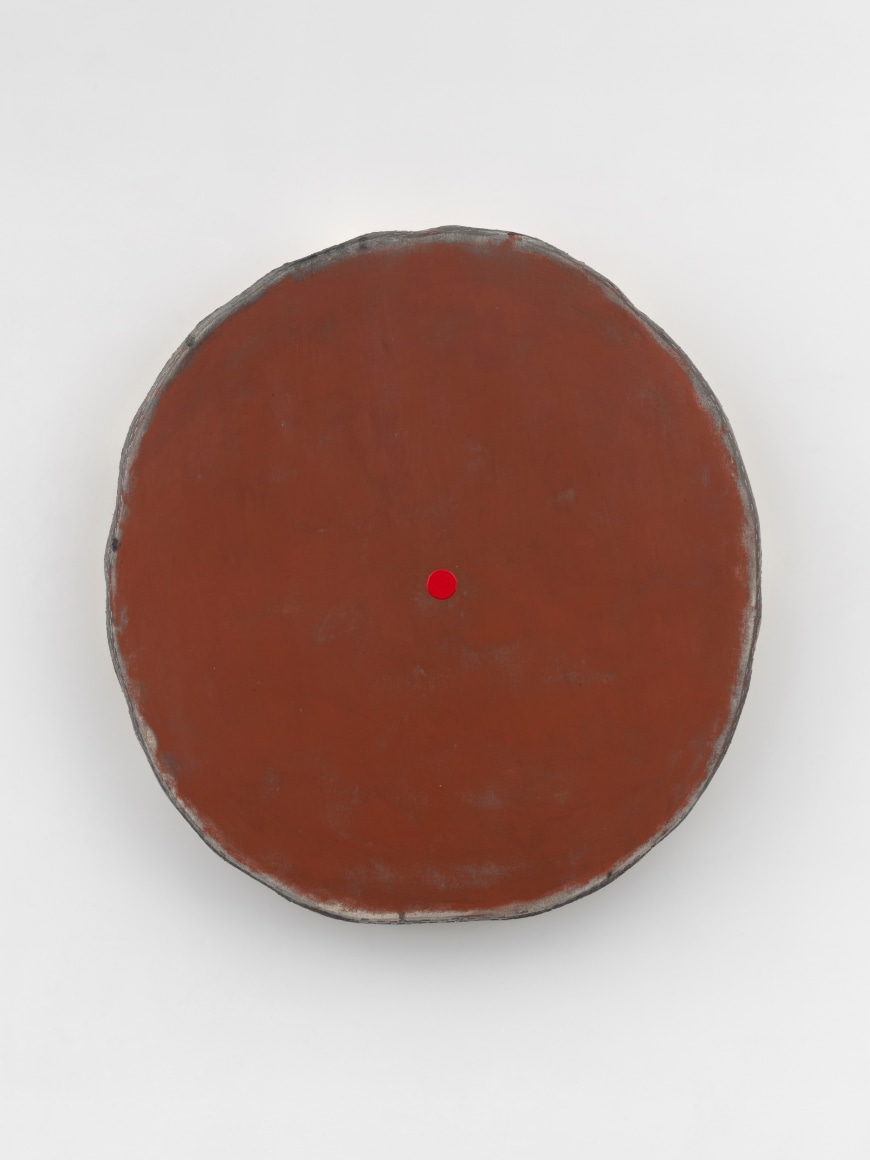 Otis Jones Red Oxide with Red Circle Black Edge, 2023 Signed, titled, and dated on verso Acrylic on linen on wood 47 x 44 x 5 in 119.4 x 111.8 x 12.7 cm (OJO25.001)