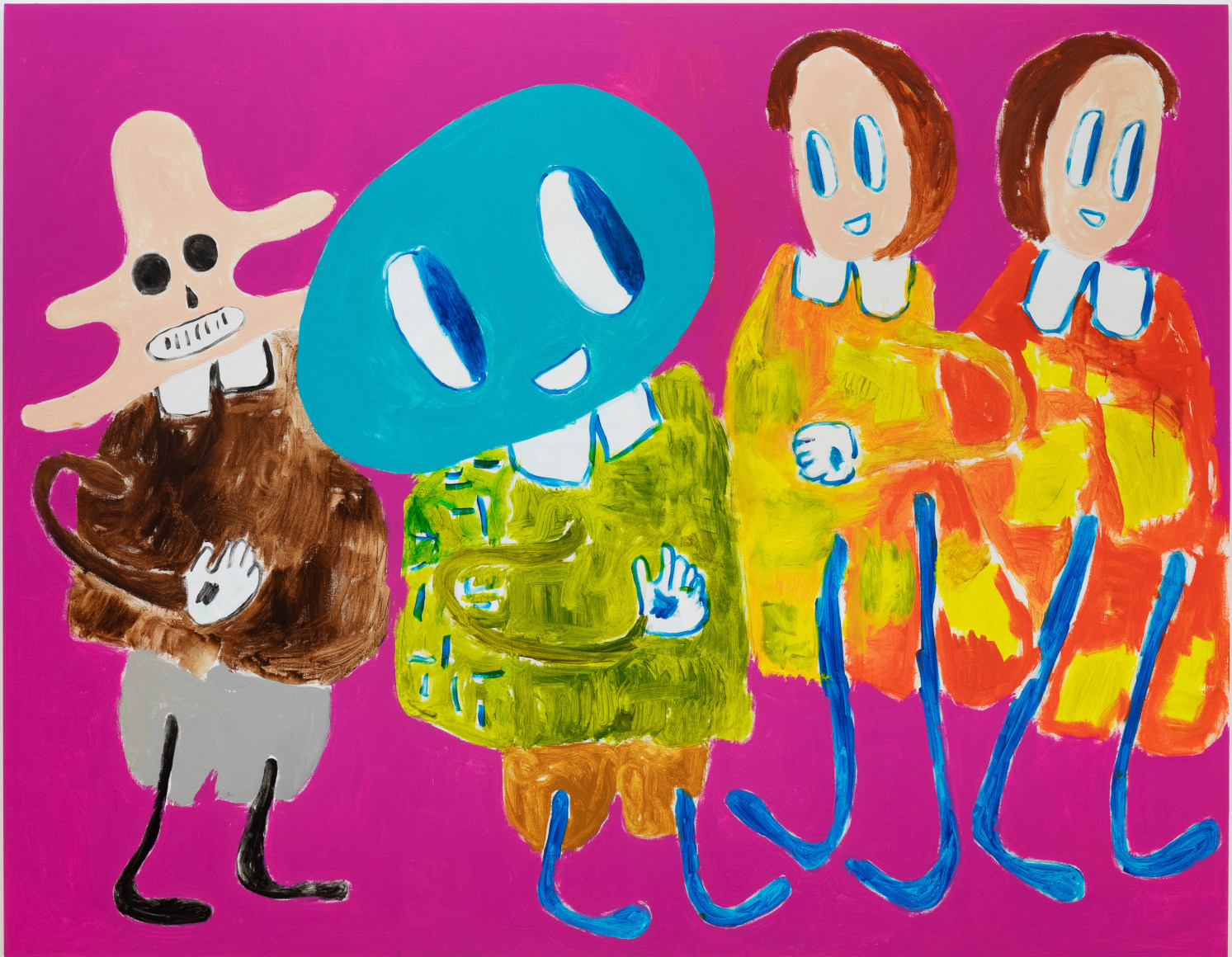 A large André Butzer family painting with a fuschia background.