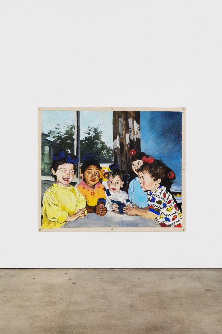 Kareem-Anthony Ferreira, Kids with Hair Curlers, 2019. Oil, mixed media, canvas, 62 1/2 x 75 1/4 in, 158.8 x 191.1 cm (KFE20.002)