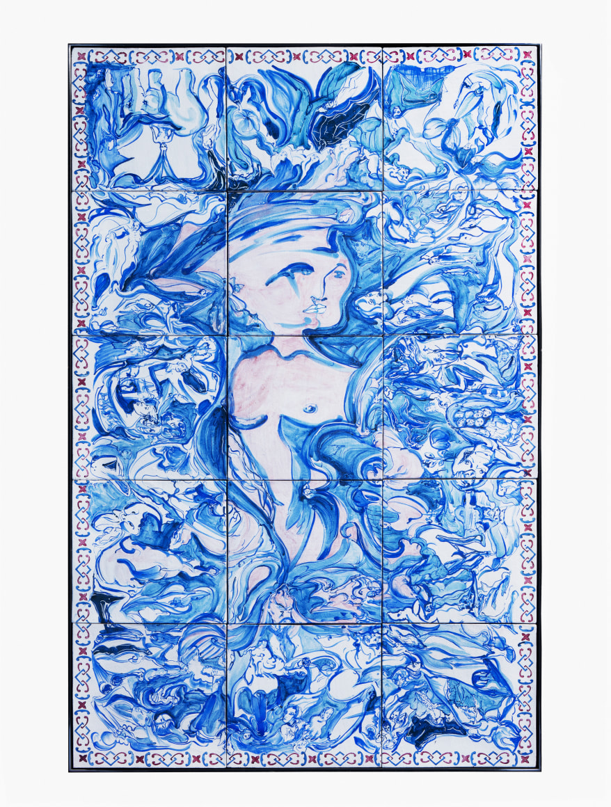 Lola Montes Undine, 2022 Suite of 15 hand-painted terracotta tiles, steel table 30 1/2 x 78 1/2 x 47 1/2 in 77.5 x 199.4 x 120.7 cm (LMO22.048)