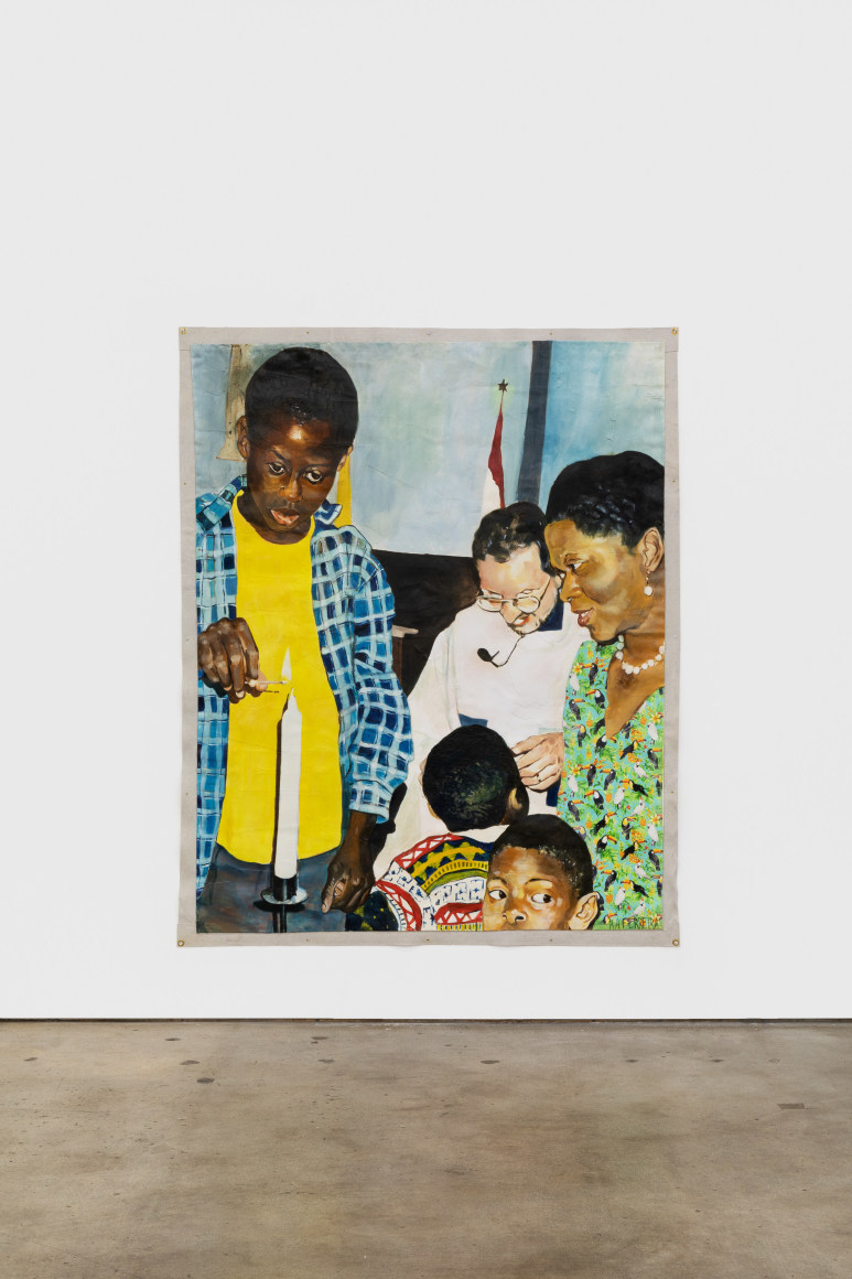 Kareem-Anthony Ferreira, Anson's blessing at Saint Joes, 2020. Oil, mixed media, canvas, 72 x 58 1/4 in, 182.9 x 148 cm (KFE20.005)