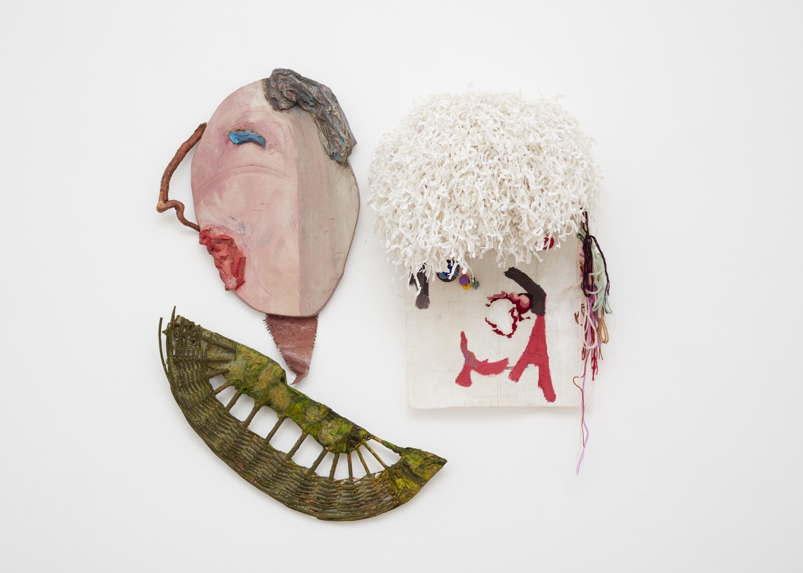 Blair Saxon-Hill Mending Attention, 2018 Basket, paper clay, paper mache, burlap, leather, fiber reinforced plaster, foam, gouache, branch Embroidery, gouache, buttons, yarn, wood, fiber reinforced plaster, pompom 32 x 33 x 12 in 81.3 x 83.8 x 30.5 cm (BSH18.052)