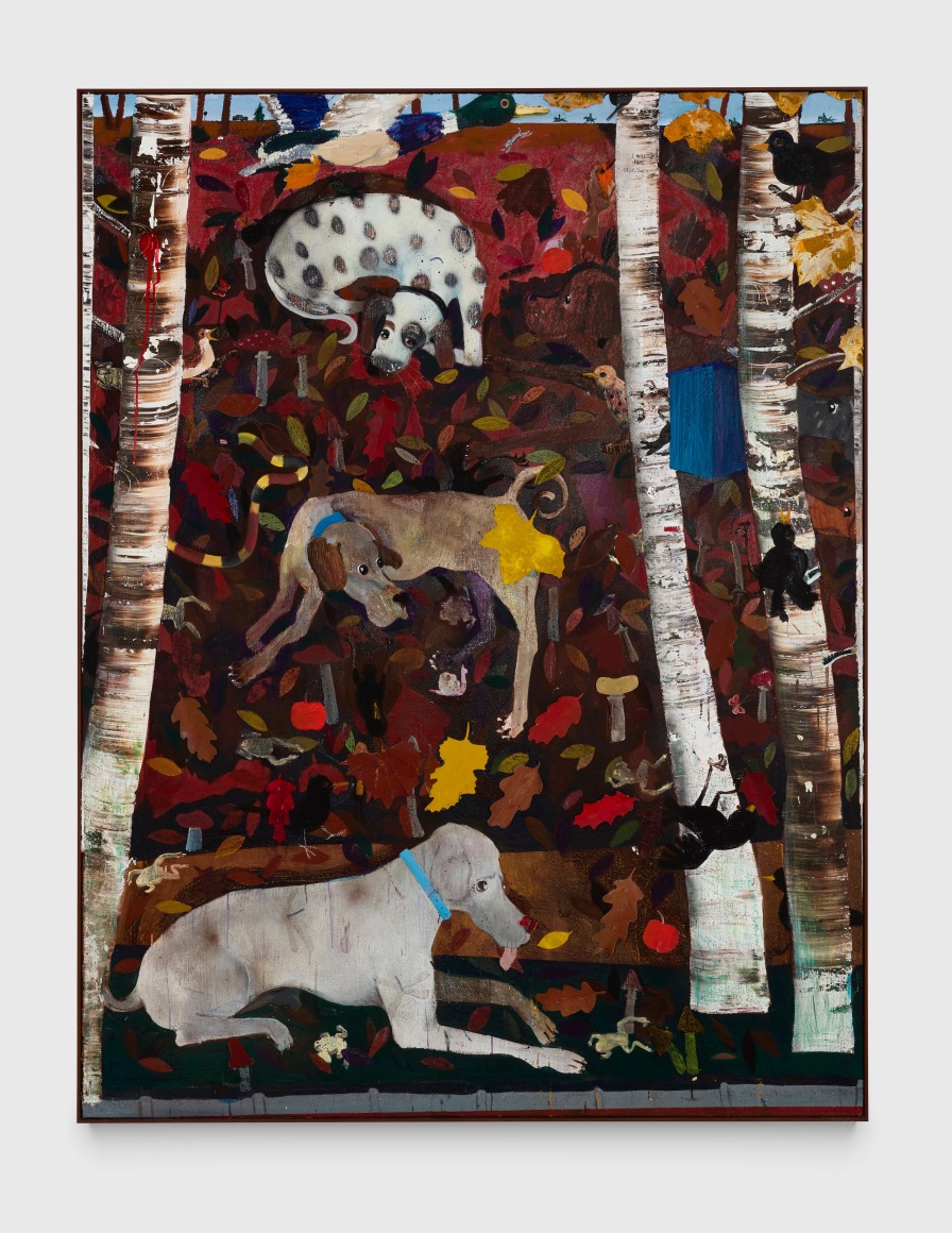 Pieter Jennes A tail-wagging adventure, 2024 Oil and collage on canvas 82 5/8 x 63 in (framed) 210 x 160 cm (framed) (PJE24.018)
