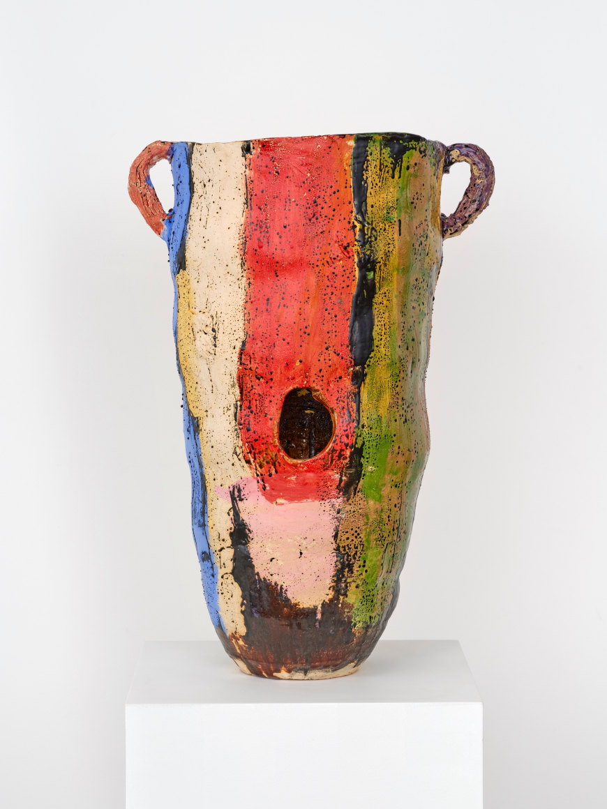 Roger Herman Tall vase, 2 top handles, yellow, 2023 Glazed ceramic 26 1/2 x 18 in 67.3 x 45.7 cm (ROH24.024)