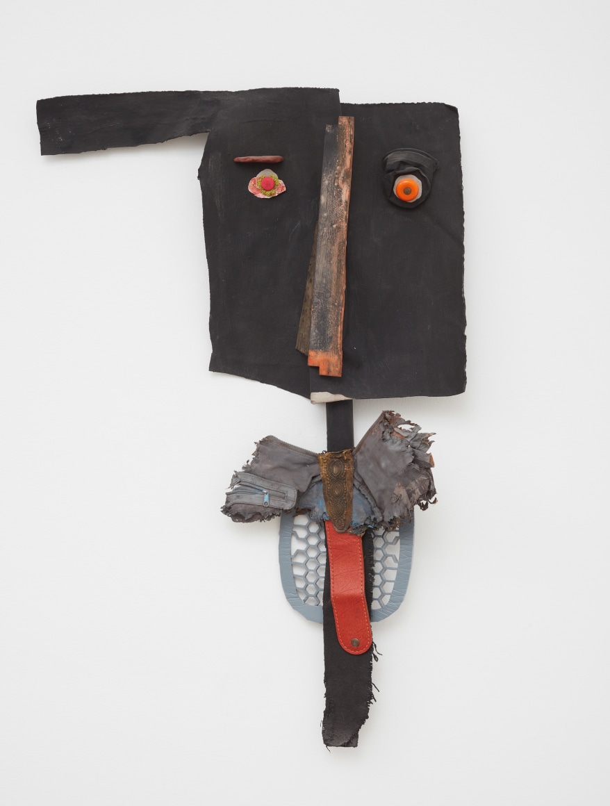 Blair Saxon-Hill Are You Asleep? Poem of Force, 2018 Canvas, fiber reinforced plaster, stage paint, gouache, stick, ceramic, wood, metal, 90’s purse shard, leather strap, plastic, burlap, polystyrene pad, early 20th c. brass plate, tin can, handle, button, lichen 37 x 25 x 8 in 94 x 63.5 x 20.3 cm (BSH18.041)