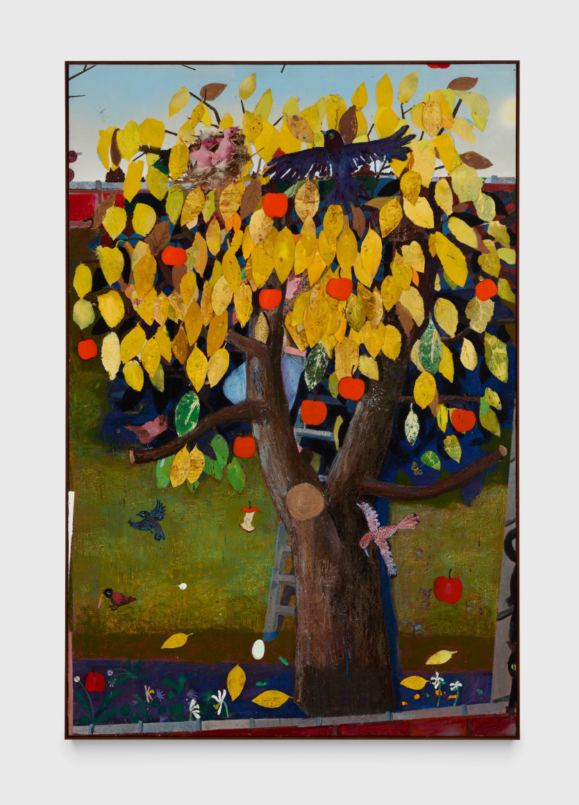 Pieter Jennes It is a joy to be hidden, 2024 Oil, collage, and fake feathers on canvas 82 5/8 x 55 1/8 in (framed) 210 x 140 cm (framed) (PJE24.011)