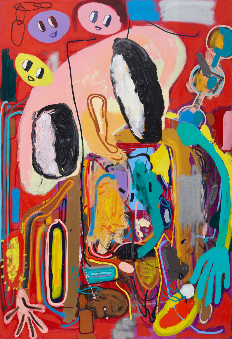 André Butzer Moshé Feldenkrais Pastrami Portrait (abstraktes Bild 1A), 2018 Oil and acrylic on canvas 106 1/4 x 70 7/8 in 270 x 180 cm (AB18.031)