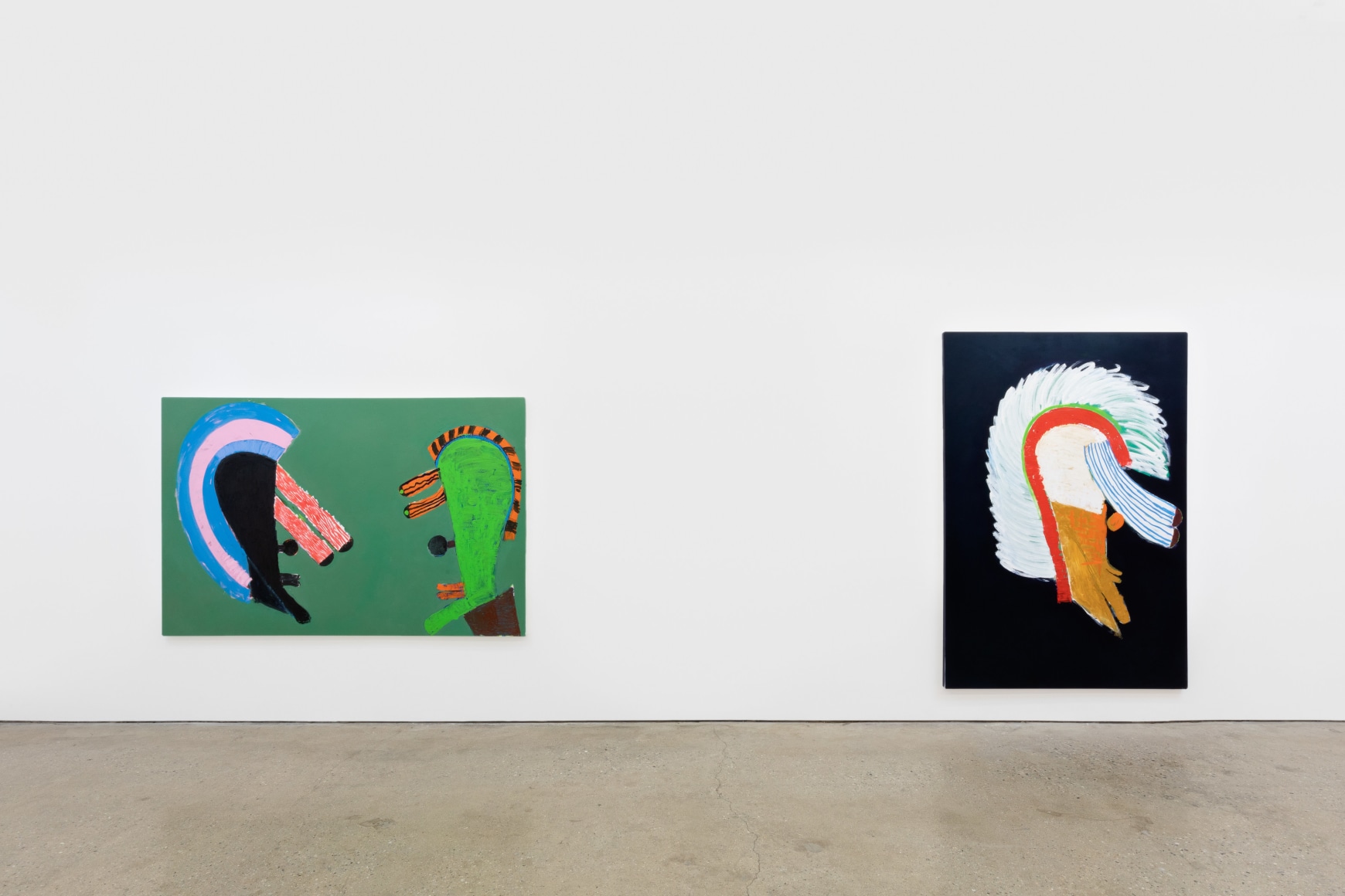 Installation View of &quot;Black Elk Speaks&quot; of a Green and a Black painting by Wulff