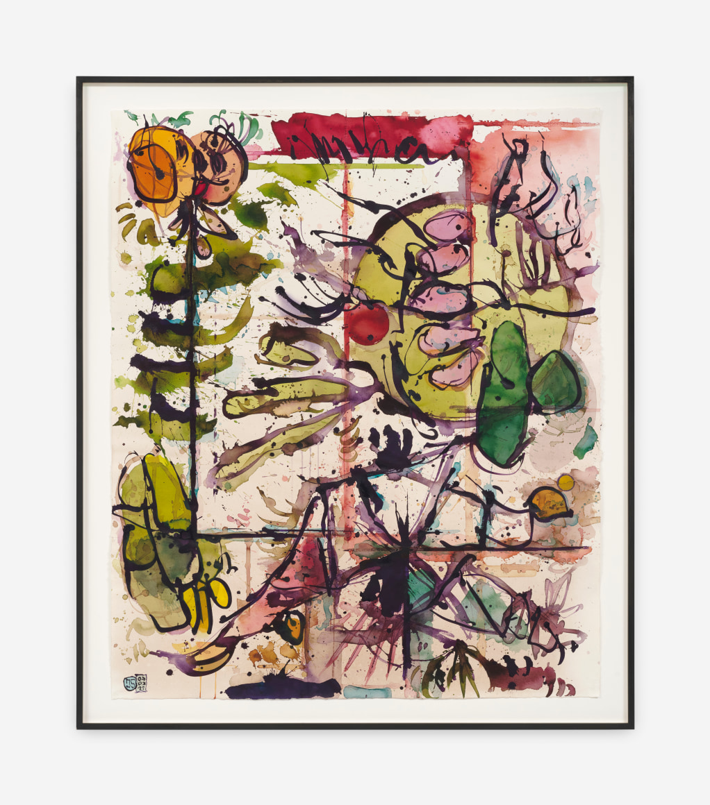 Jan-Ole Schiemann UNTITLED (PURPIL), 2022 Ink, watercolor on paper 49 1/2 x 42 3/8 x 1 5/8 in (framed) 125.8 x 107.5 x 4 cm (framed) (JS22.020)