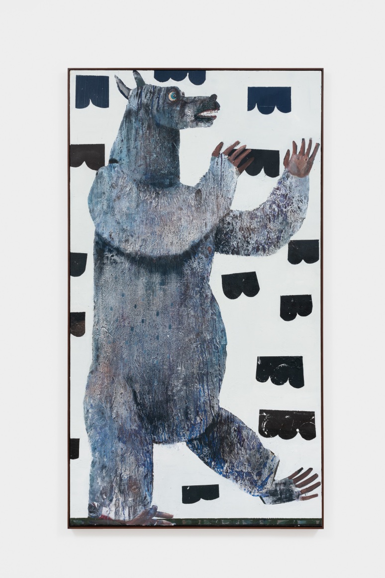 Pieter Jennes Can a hungry bear dance, 2019 Oil on canvas 75 3/4 x 42 1/4 x 1 3/4 in - framed 92.4 x 107.3 x 4.4 cm - framed (PJE22.022)