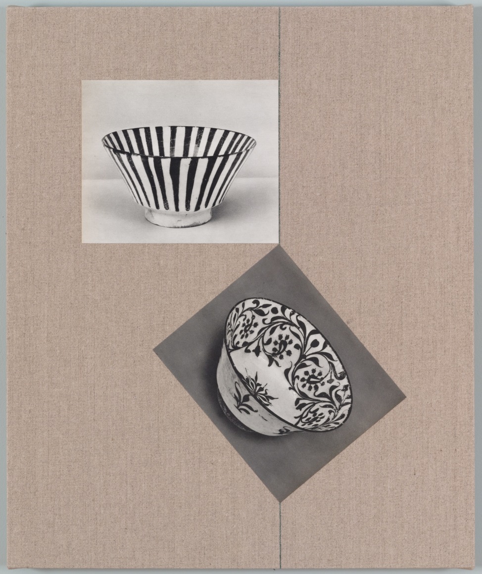 Kamrooz Aram, Untitled (from the series, Ancient Through Modern 28), 2017, Postcards and book cloth on linen mounted on panel