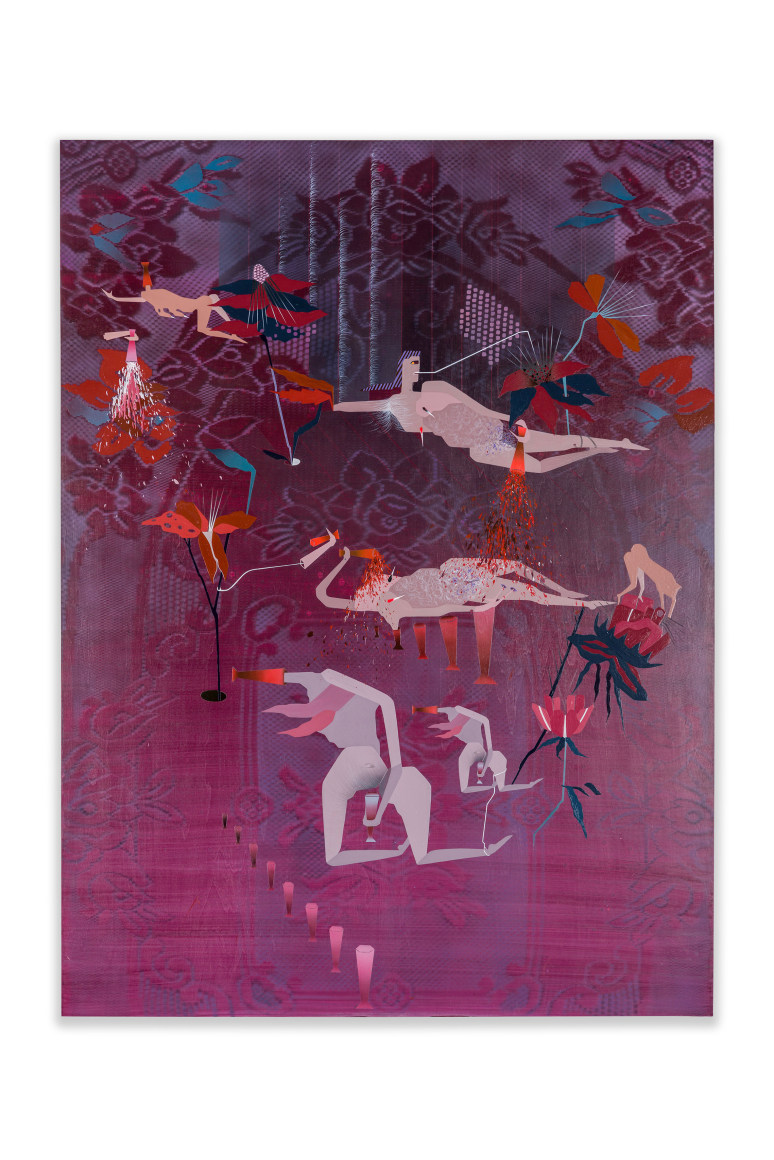 Maryam Hoseini, Livingroom, 2022, Acrylic, ink, and pencil on wood panel, 121.9 x 91.4 cm