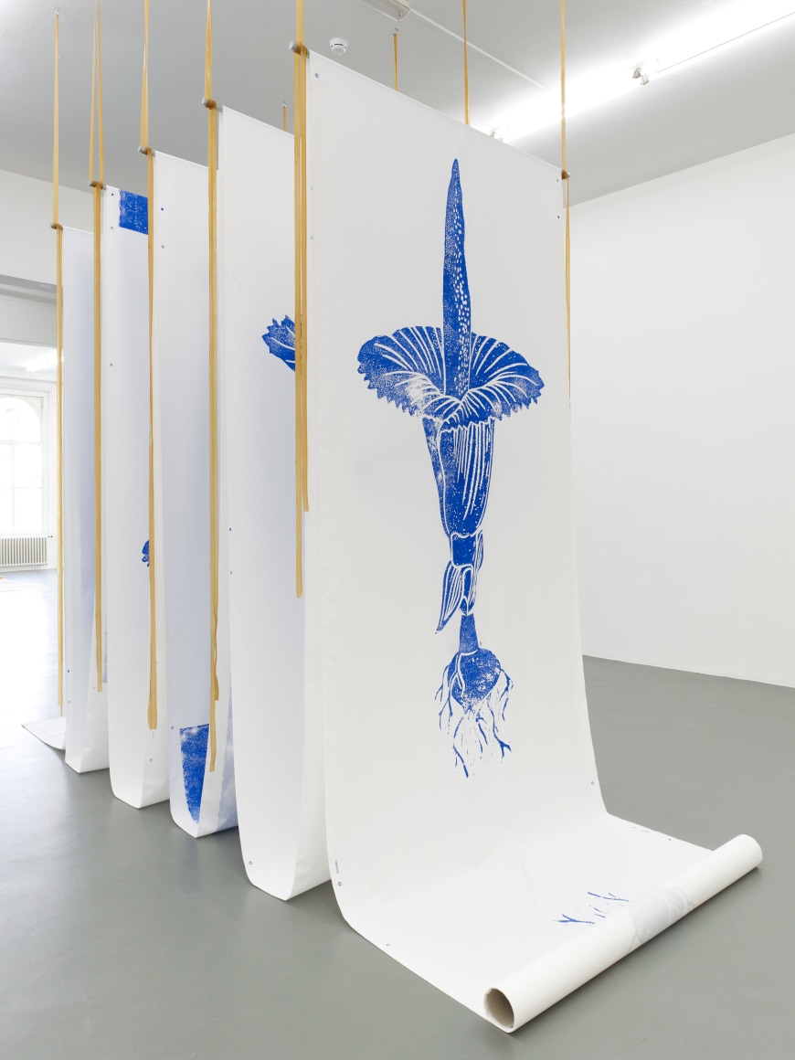 Rossella Biscotti, Live Feed, 2019, Silkscreen print on cotton, rubber strips