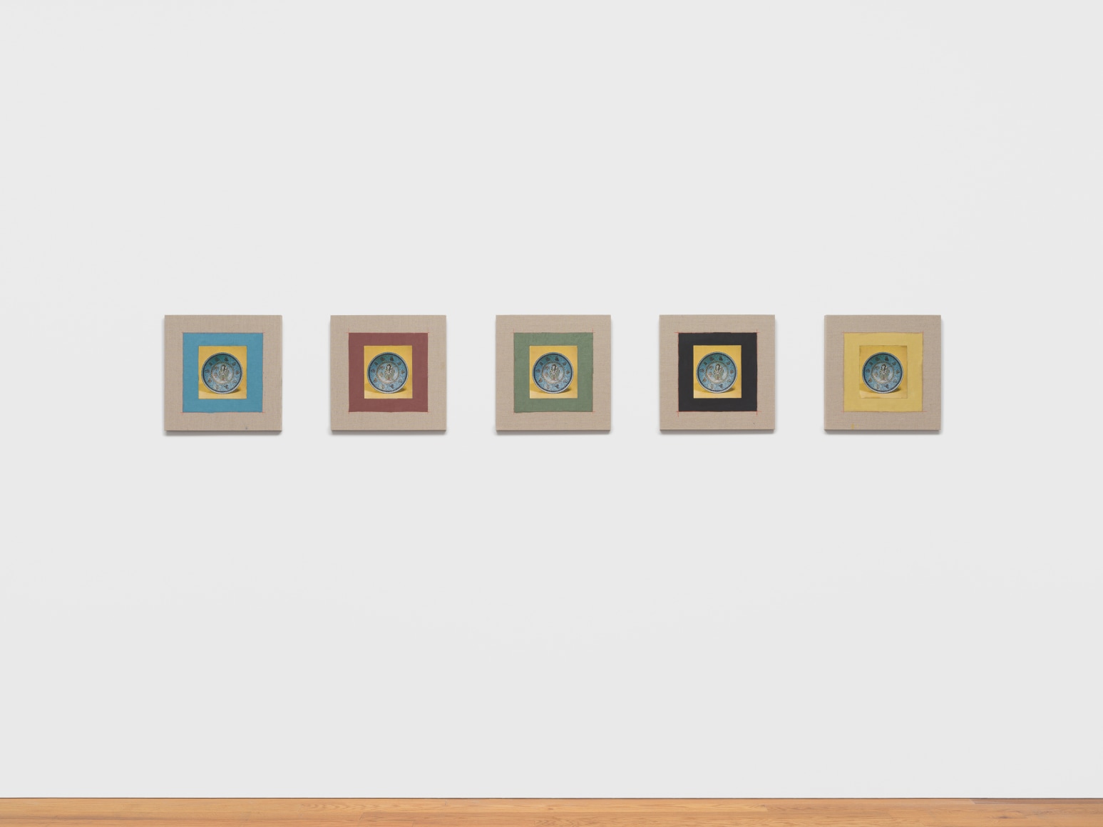 Kamrooz Aram, Variations on Turquoise Bowl, 2025, Oil, color pencil and book pages on linen