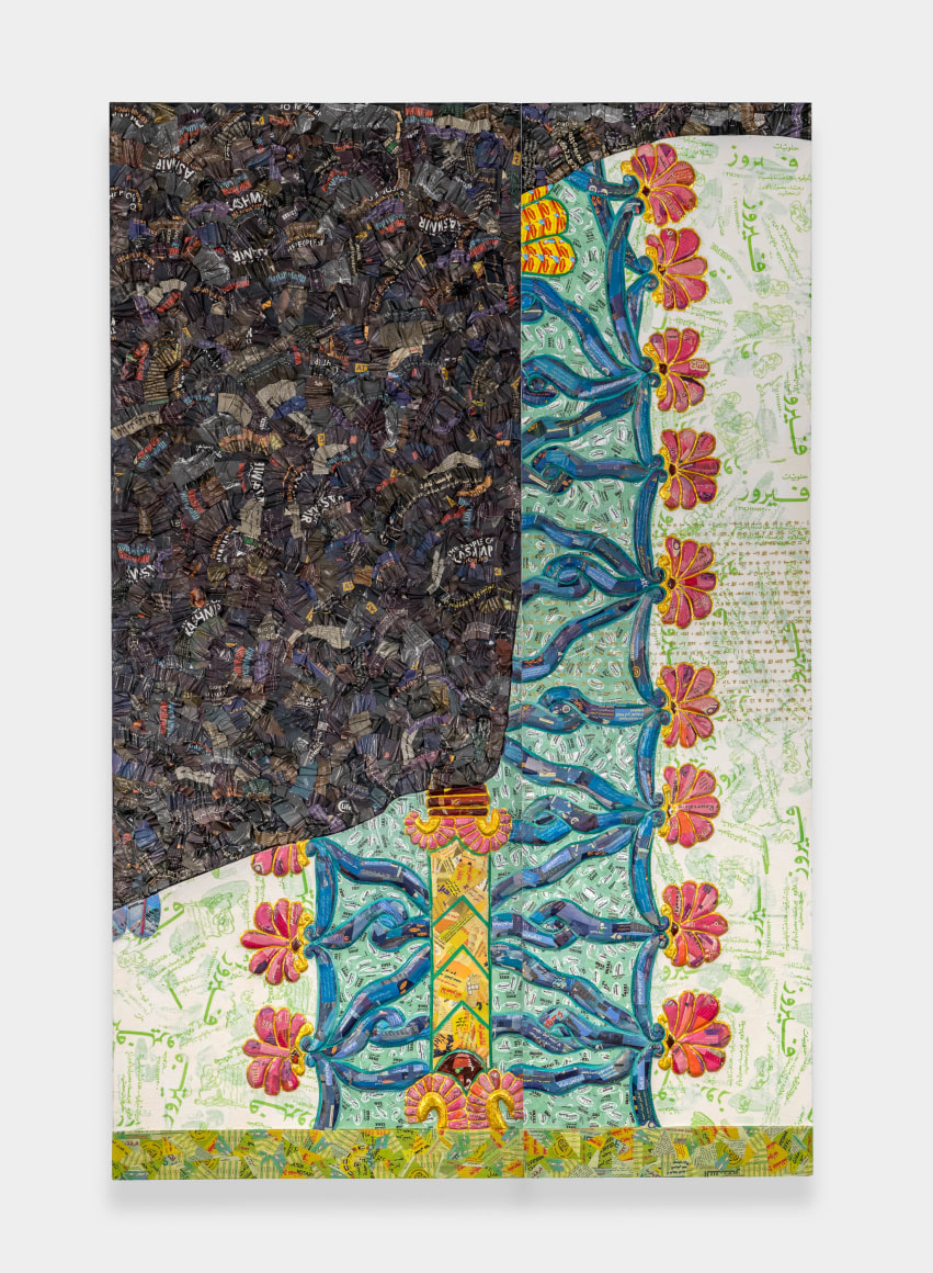 Michael Rakowitz, The invisible enemy should not exist (Northwest Palace of Kalhu, Room S, Panel S-19), 2022, Arabic newspapers, food packaging, cardboard relief sculptures on wood panel, Composed of 2 panels