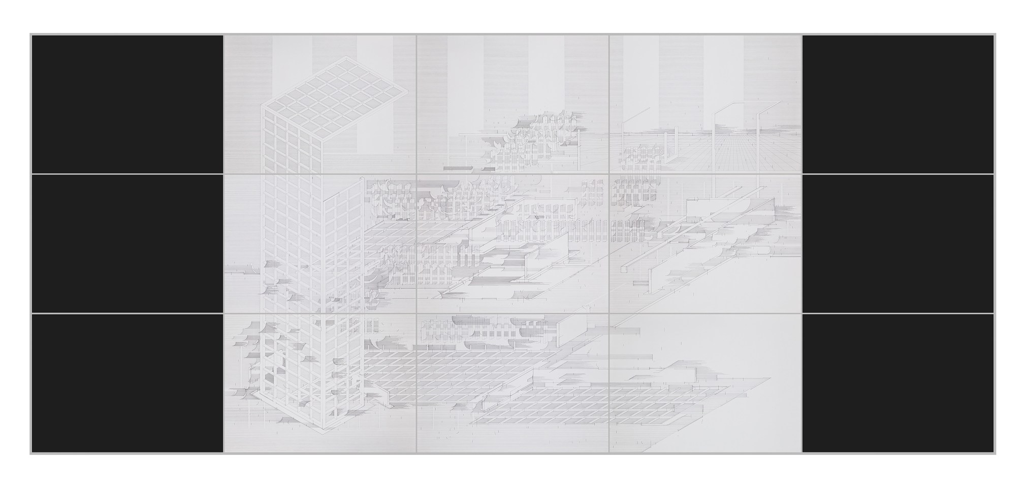 Seher Shah, Flatlands (Scrim), 2015, 15 - panel drawing, Ink on Paper, 236&nbsp;x 546 cm