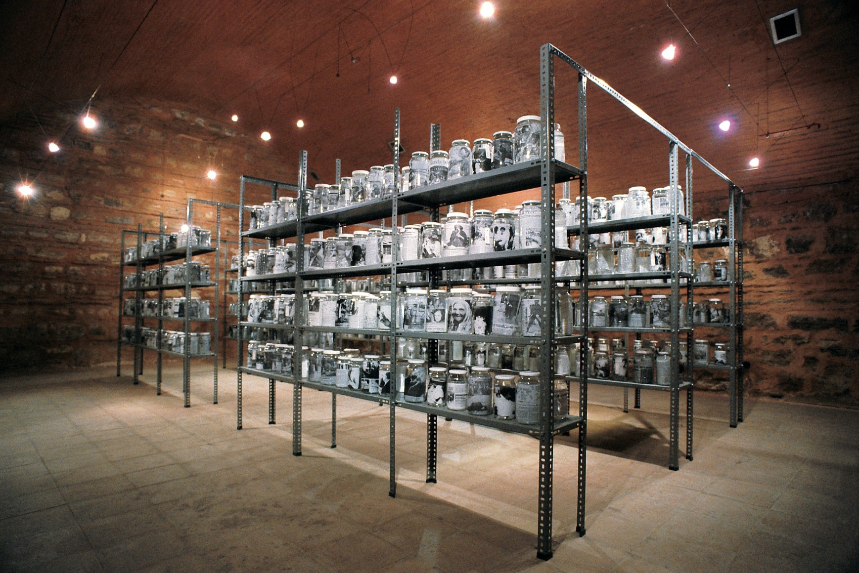 Hale Tenger, Decent Deathwatch: Bosnia- Herzegovina, 1993, Metal shelves, jar, xerox, water, audio by Serdar Ateser, Dimensions variable