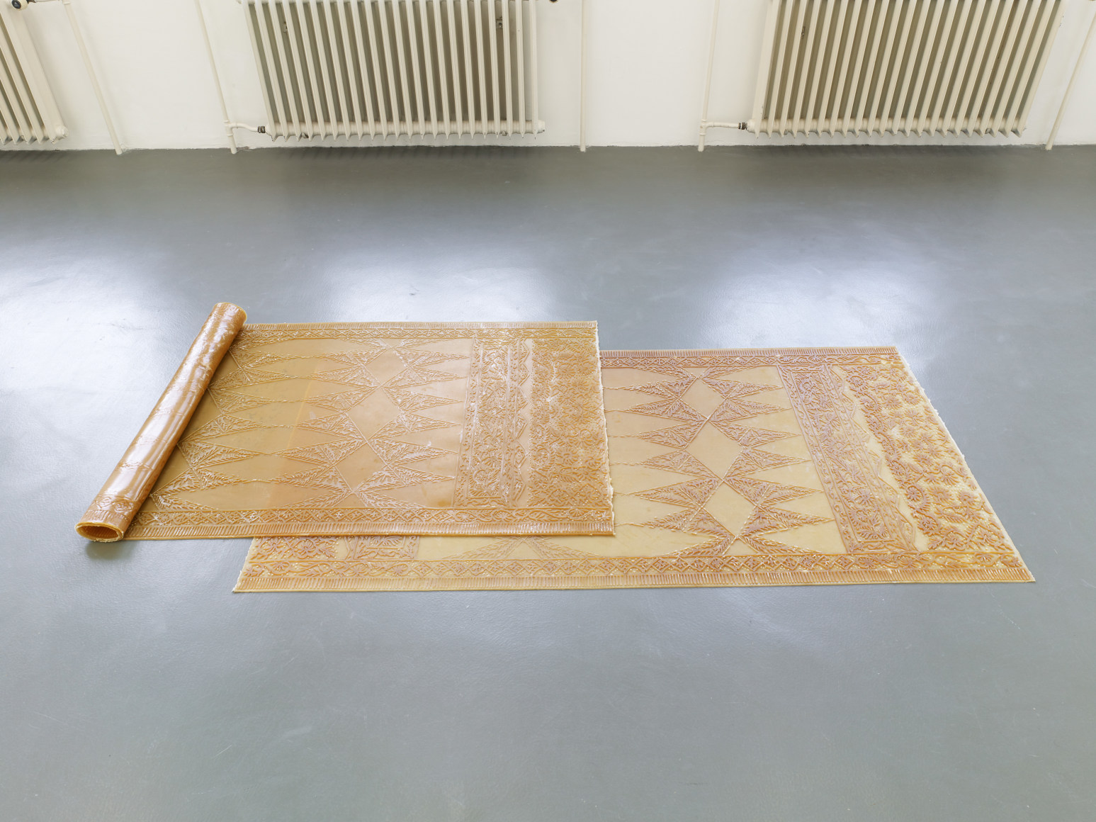 Rossella Biscotti,&nbsp;Annalies, 2019&nbsp;, Installation of two natural rubber sheets, 200 x 100 cm each