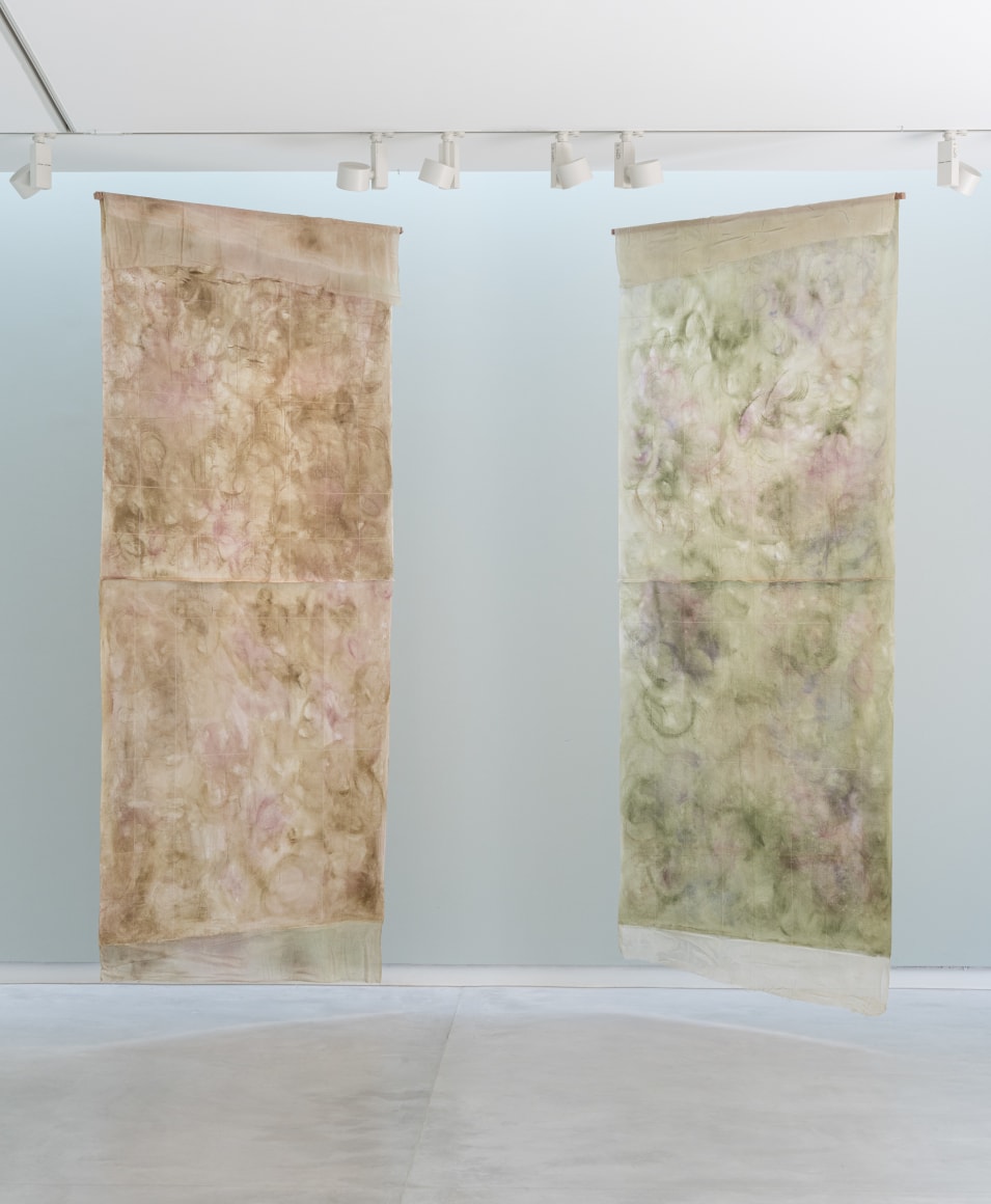 Afra Al Dhaheri,&nbsp;I craved a garden, it emerged in the folds, 2025, Acrylic paint on fabric, Dimensions variable