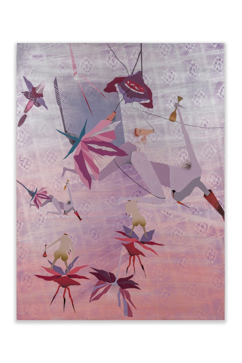 Maryam Hoseini, Flesh and Sun, 2022, Acrylic, ink, and pencil on wood panel, 121.9 x 91.4 cm