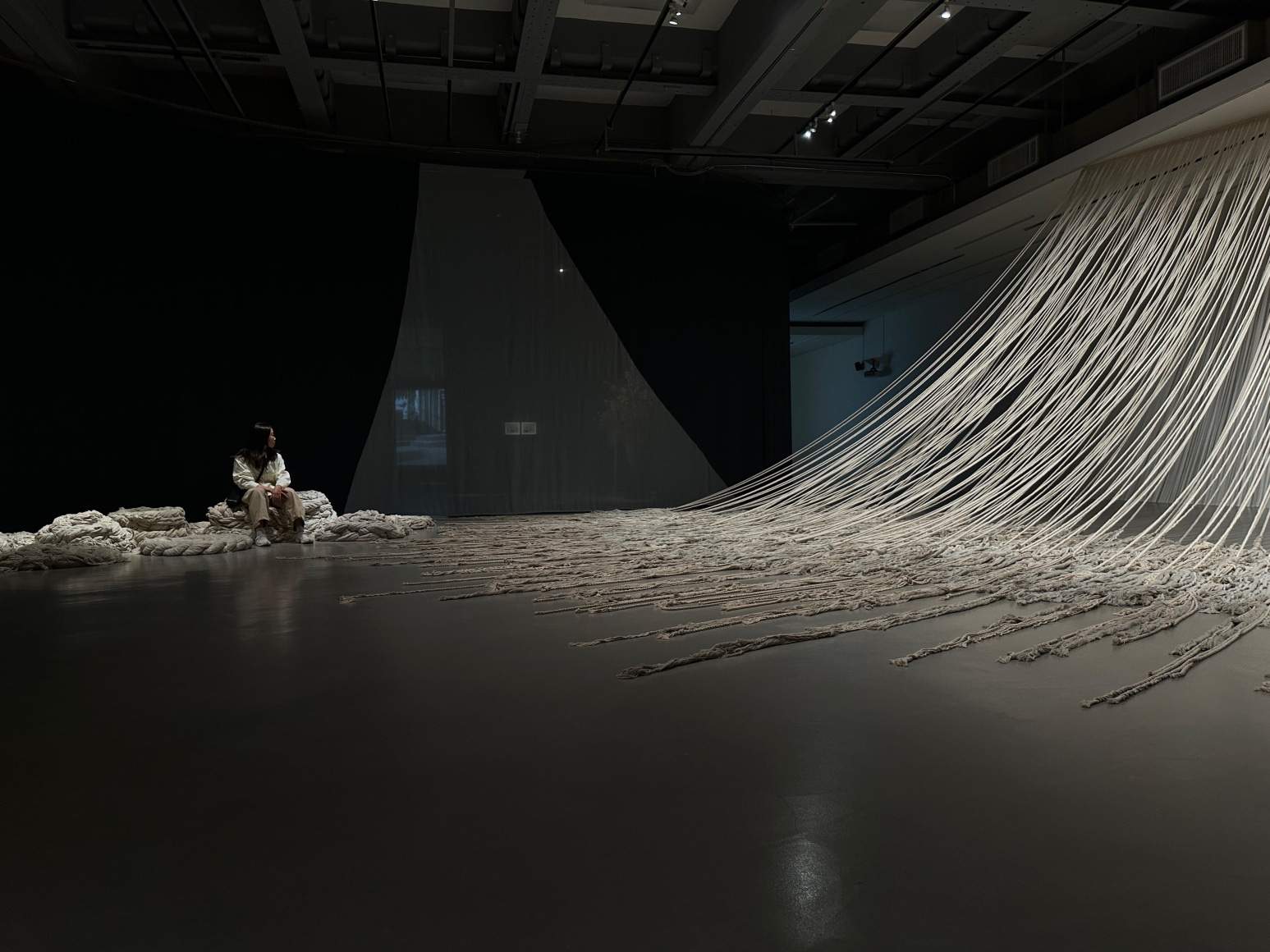 Afra Al Dhaheri, Weighted PAUSE:, 2025, Varied cotton rope, wood, and metal hooks