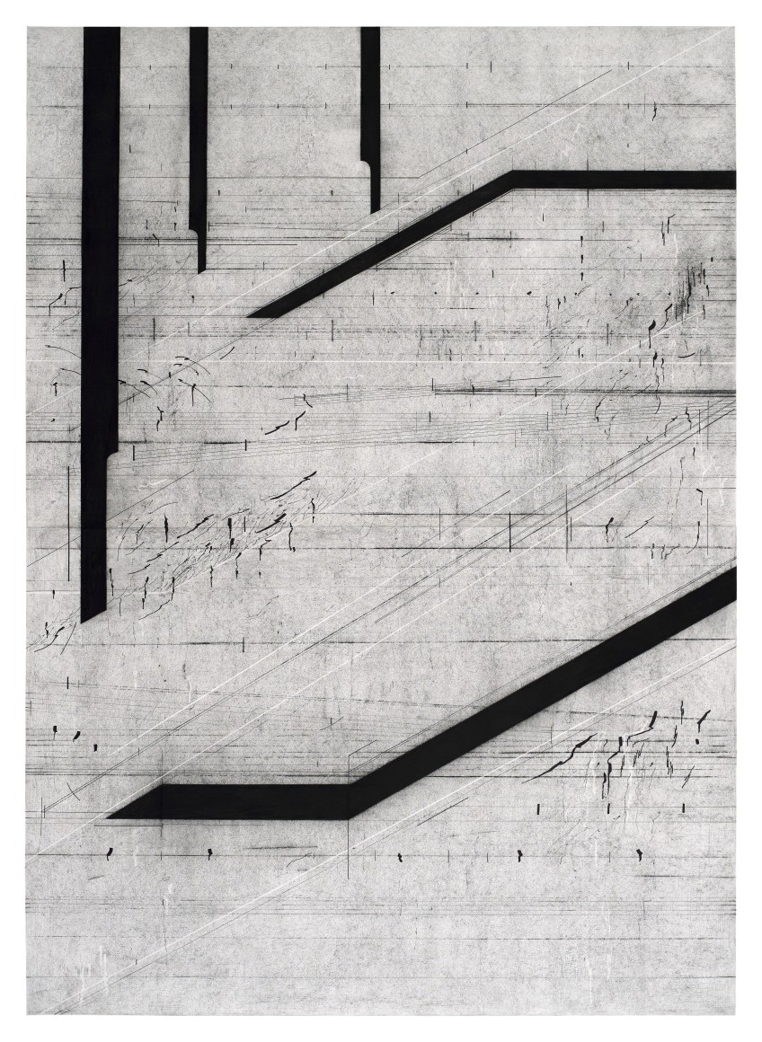 Seher Shah, The Weight of Dust (2), 2024, Graphite dust, charcoal and ink on laid paper, 138.5 x 100 cm