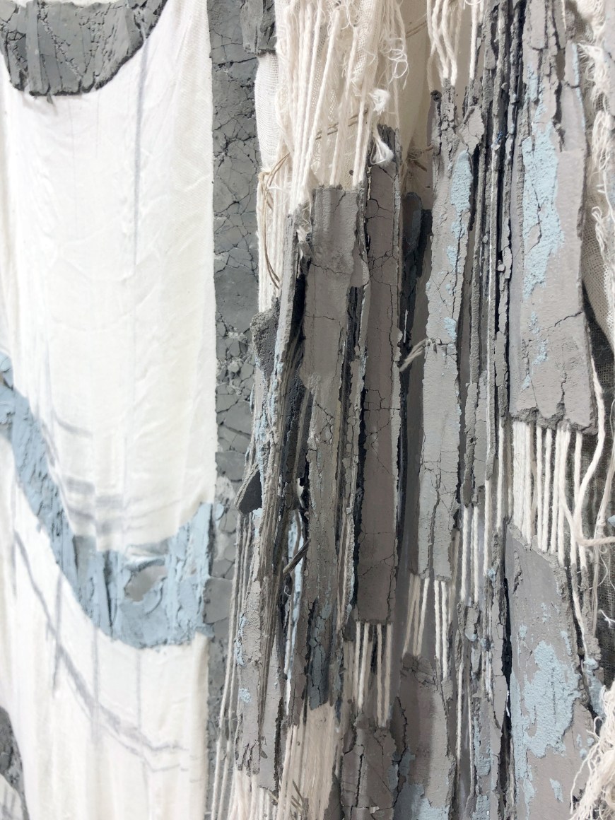Afra Al Dhaheri, Stripped away from all constructs&nbsp;(detail), 2018, Cement and charcoal on cotton fabric mesh