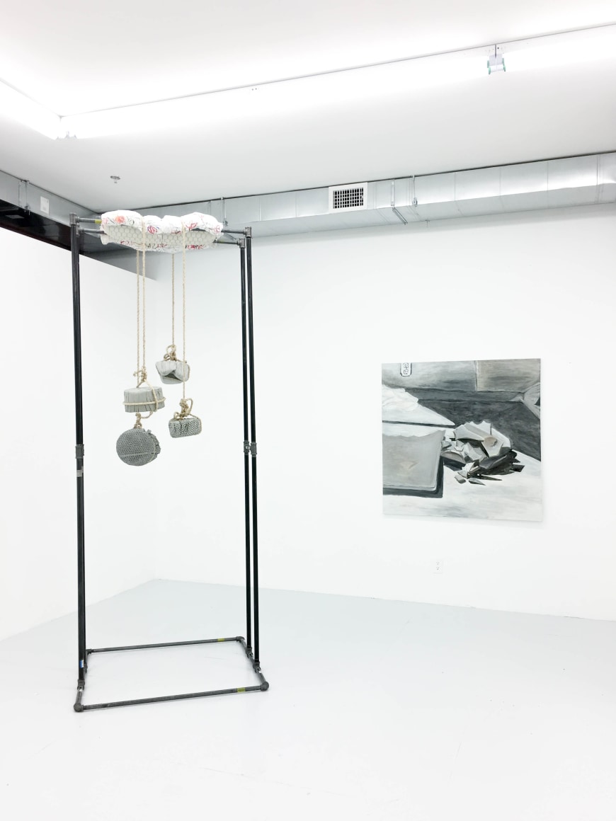 Afra Al Dhaheri,&nbsp;Who Has Time For It?, 2016, Steel pipes, rope, cement and plaster, 135 x 75 cm