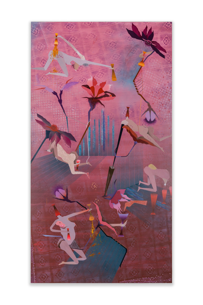 Maryam Hoseini, Golden Pour (Hidden Lies), 2022, Acrylic, ink, and pencil on wood panel, 198.1 x 106.7 cm