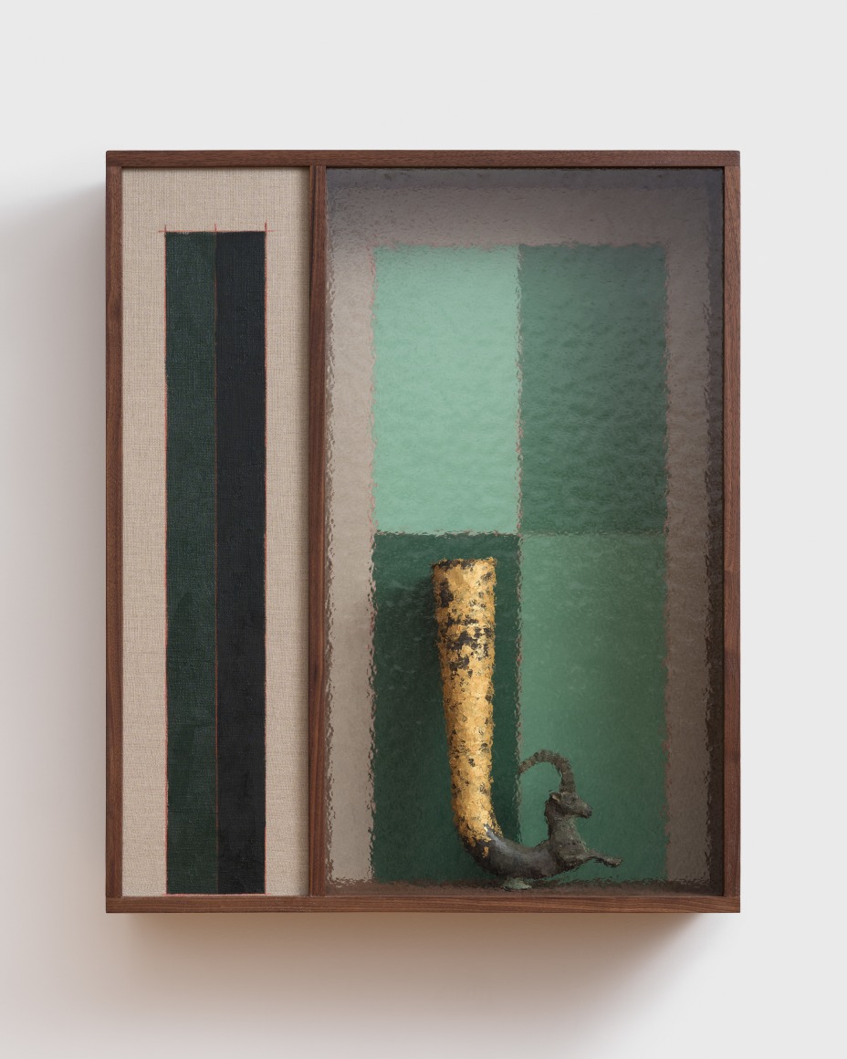 Kamrooz Aram, Domestic Composition (Ancient Agenda), 2025, Walnut and textured glass, oil and colored pencil on linen, bronze object