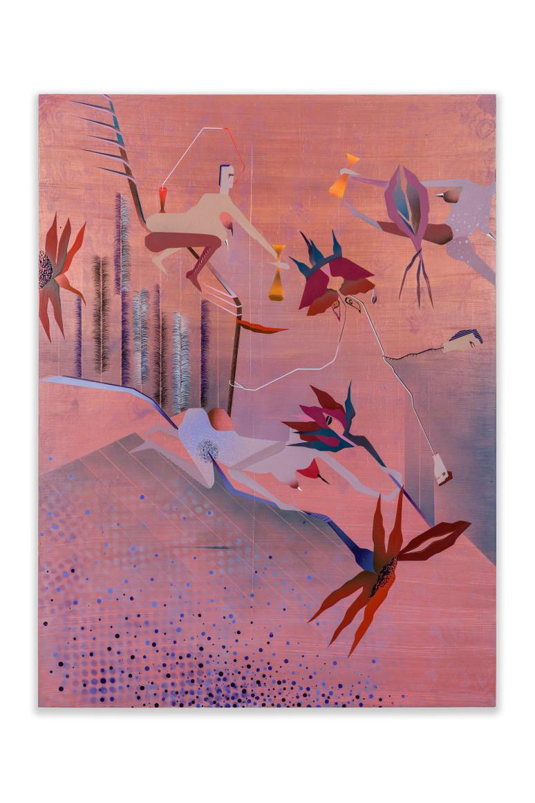 Maryam Hoseini, Temporary Twilight, 2022, Acrylic, ink, and pencil on wood panel, 121.9 x 91.4 cm