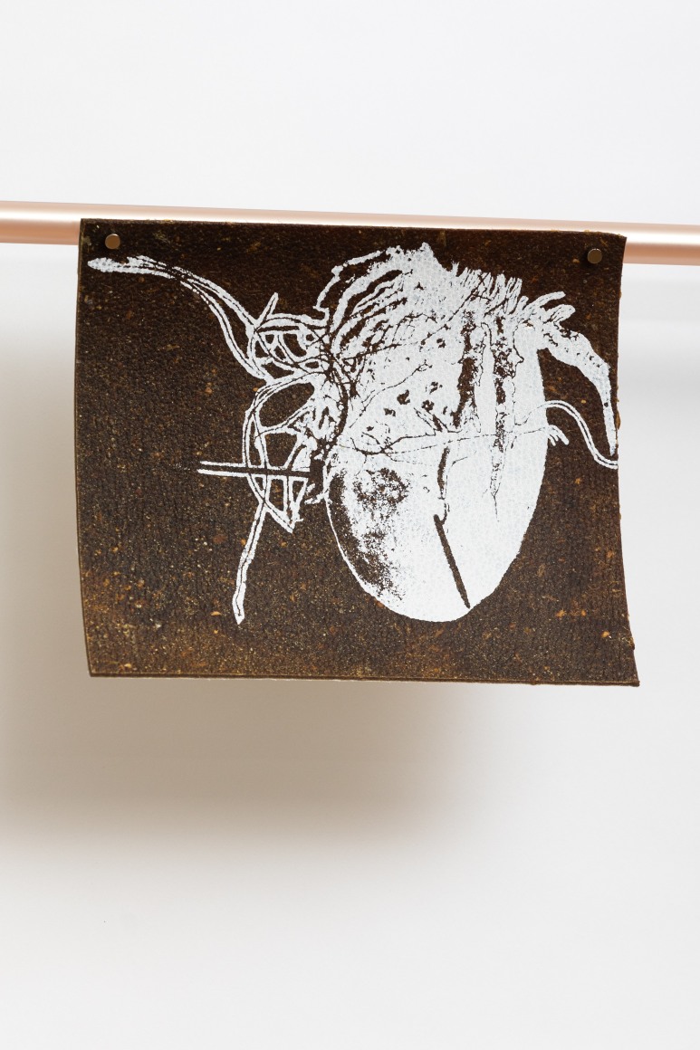 G&uuml;lşah Mursaloğlu, Dog Days in Retrospect_ 5, 2022, Silkscreen on leather made from food waste, 18 x 21 cm