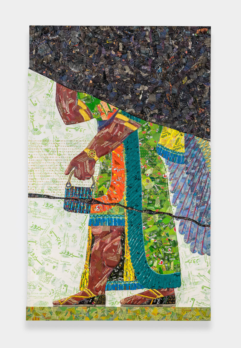 Michael Rakowitz, The invisible enemy should not exist (Northwest Palace of Kalhu, Room S, Panel S-18), 2022, Arabic newspapers, food packaging, cardboard relief sculptures on wood panel, 224.79 x 140.97 x 10.16 cm