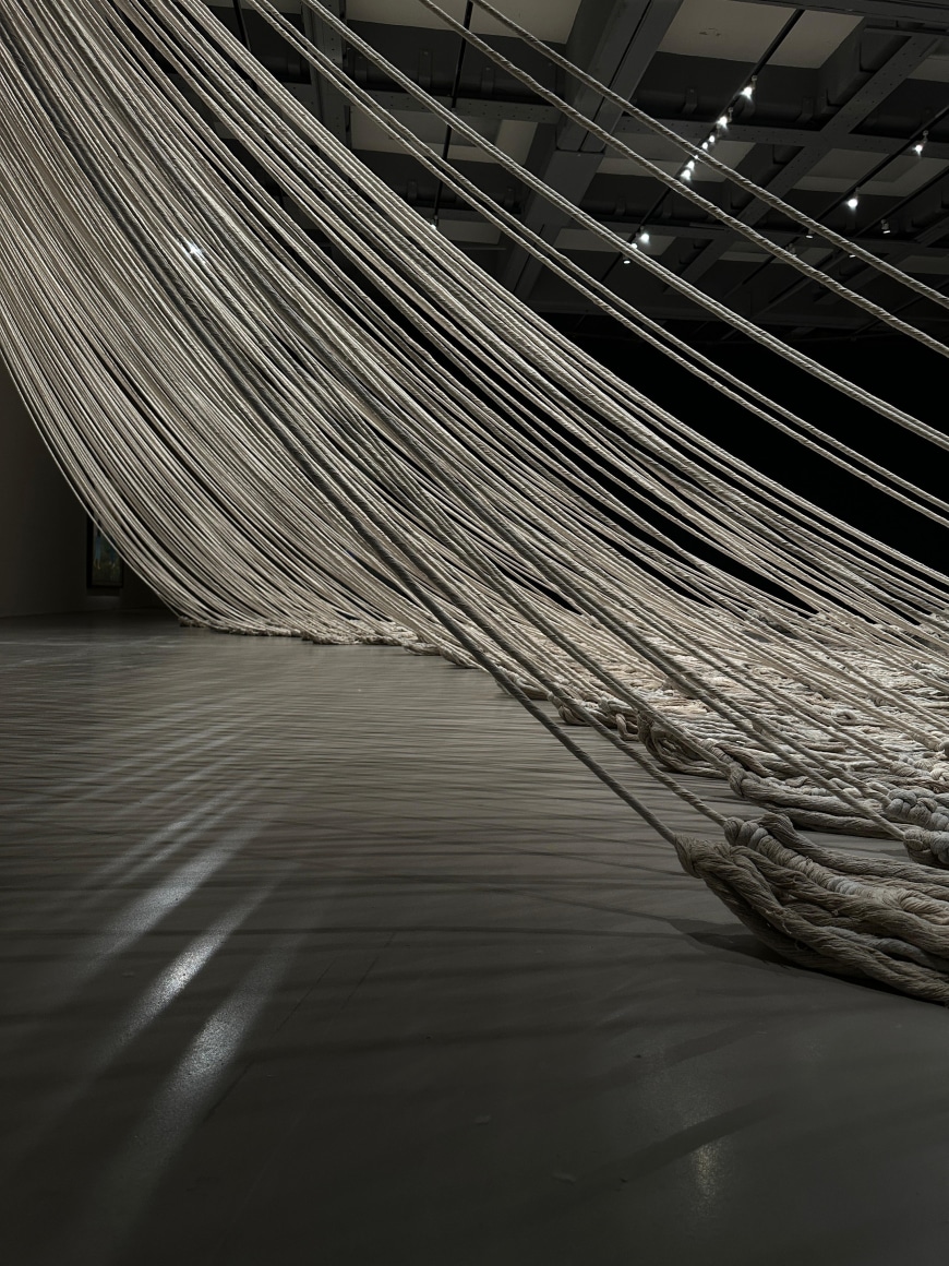 Afra Al Dhaheri, Weighted PAUSE:, 2025, Varied cotton rope, wood, and metal hooks