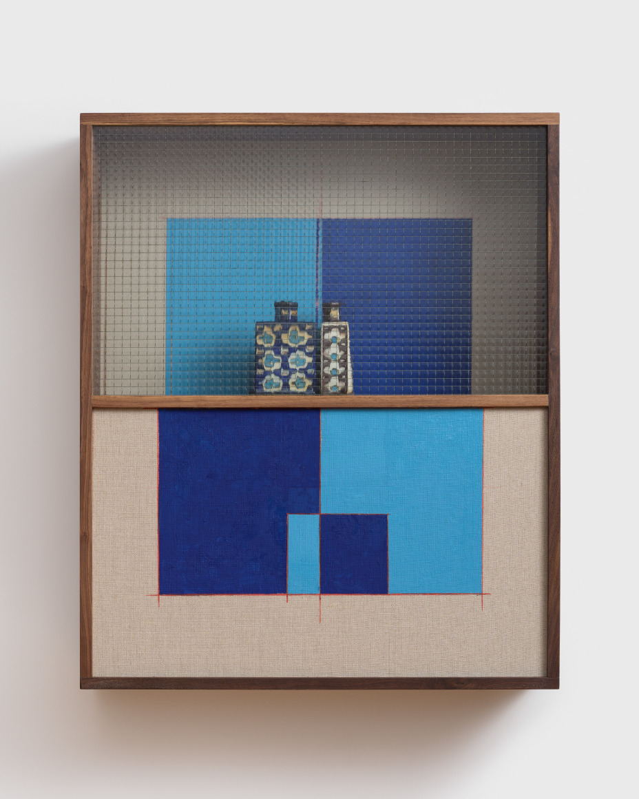 Kamrooz Aram, Domestic Composition (Semi-Detached), 2025, Walnut and textured glass, oil and colored pencil on linen, ceramic