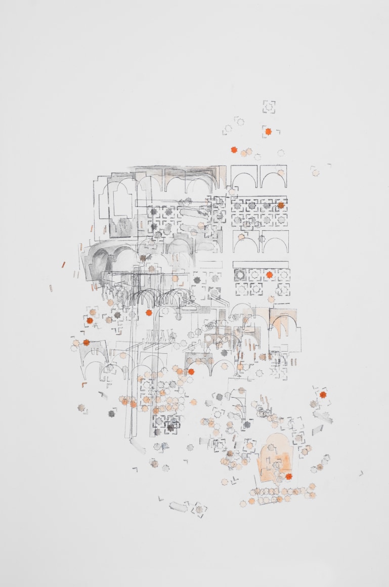 Asma Belhamar, Souq alras street #2, 2022, Carbon graphite and acrylic on paper, 56 x 41 cm