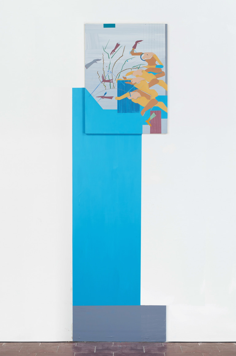 Maryam Hoseini, Women with Long Tails II, 2018, Acrylic, ink and pencil on wood panel, latex paint on the wall, 61 x 45.75&nbsp;cm