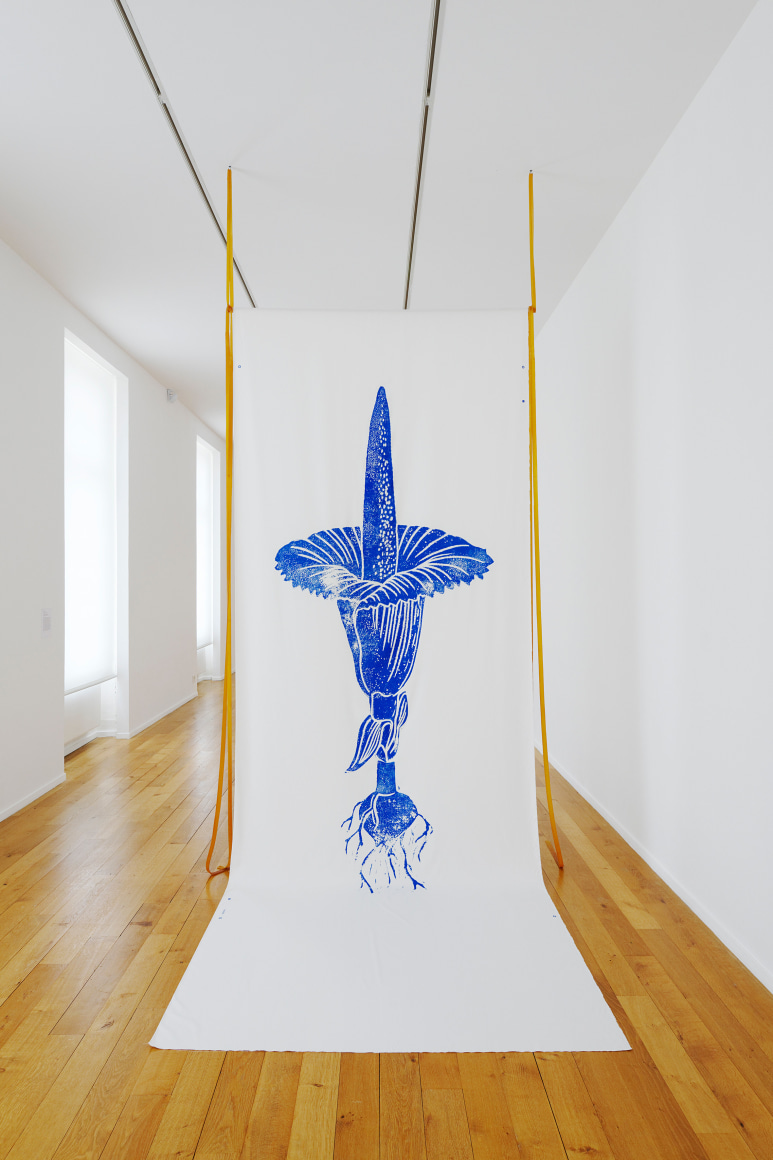 Rossella Biscotti, Amorphophallus (Blue/Green), 2019, Silkscreen print on cotton, rubber strips, 807 x 155 cm
