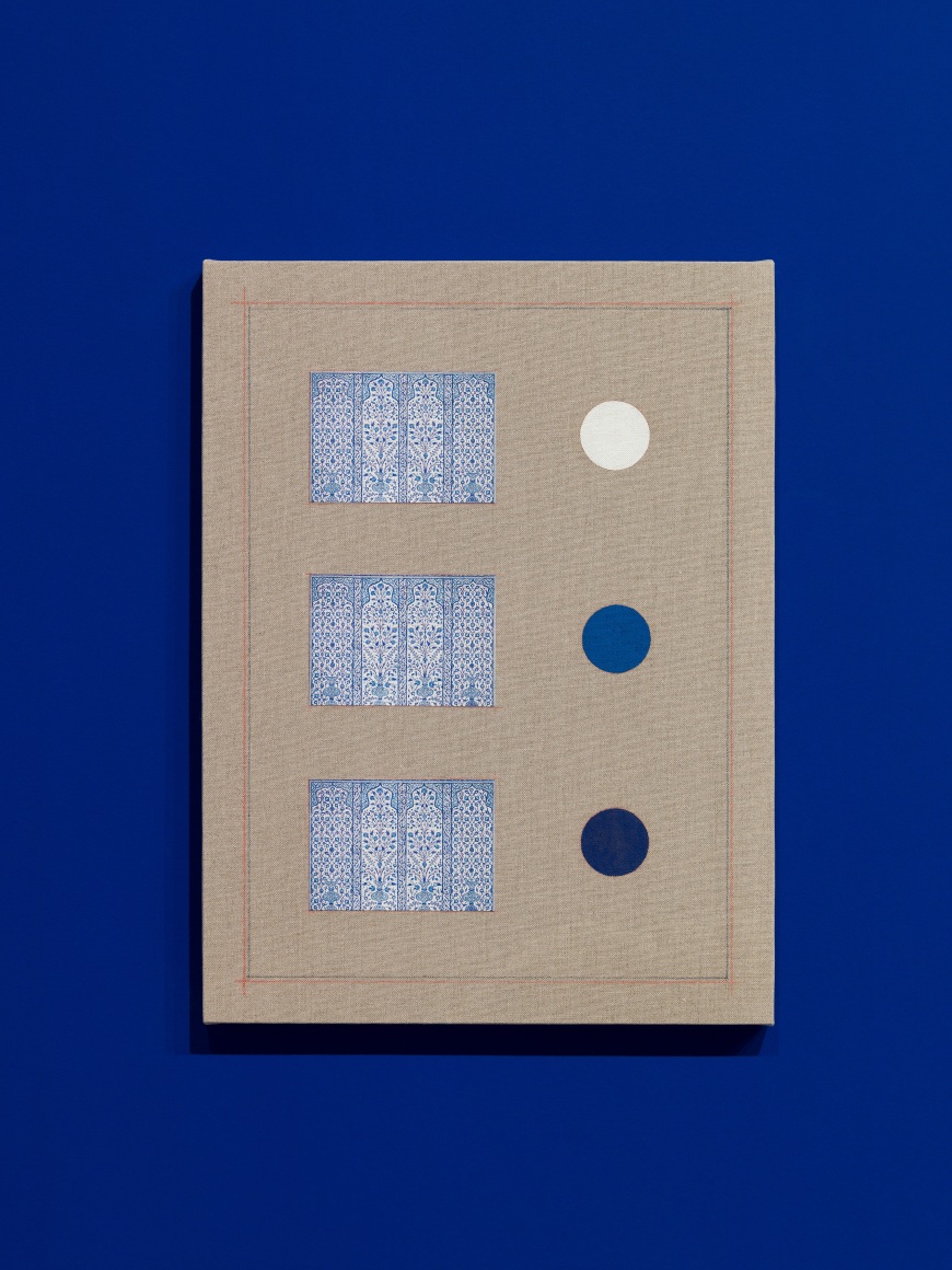 Kamrooz Aram, Ornamental Composition in Titanium, Cobalt and Lapis Lazuli, 2018, Oil, pencil and collage on linen, 61 x 45.7 x 2.5 cm