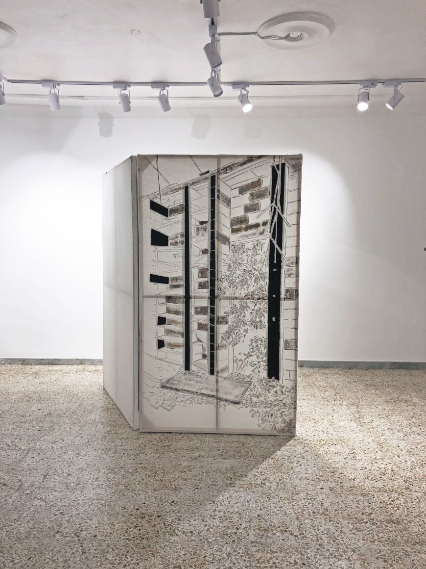 Afra Al Dhaheri, Between existence and absence, 2018, Cement, wax, and charcoal on cotton fabric mesh