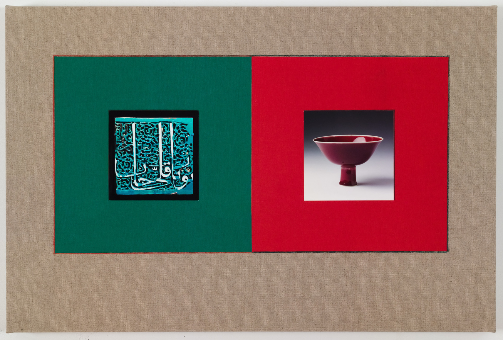 Kamrooz Aram,&nbsp;Untitled (from the series, Ancient Through Modern 26), 2016, Postcards and book cloth on linen mounted on panel, 51&nbsp;x 76&nbsp;cm