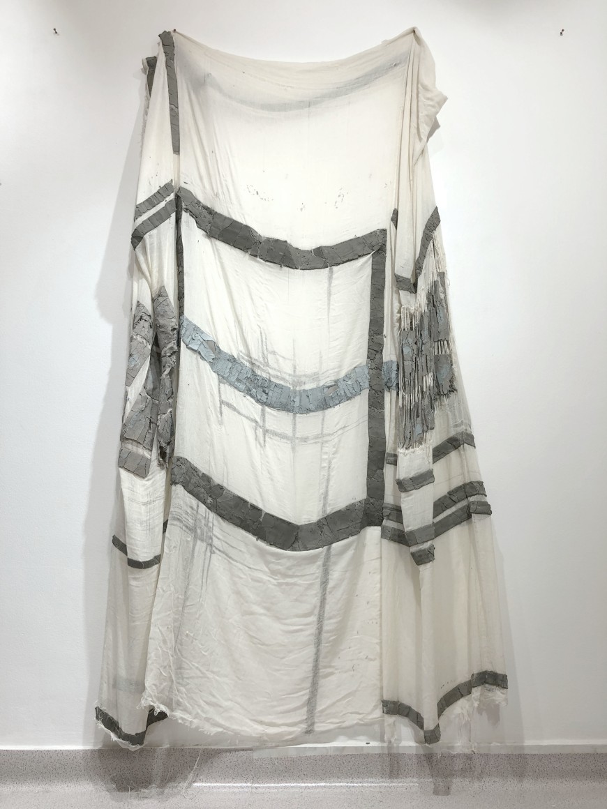 Afra Al Dhaheri, Stripped away from all constructs, 2018, Cement and charcoal on cotton fabric mesh