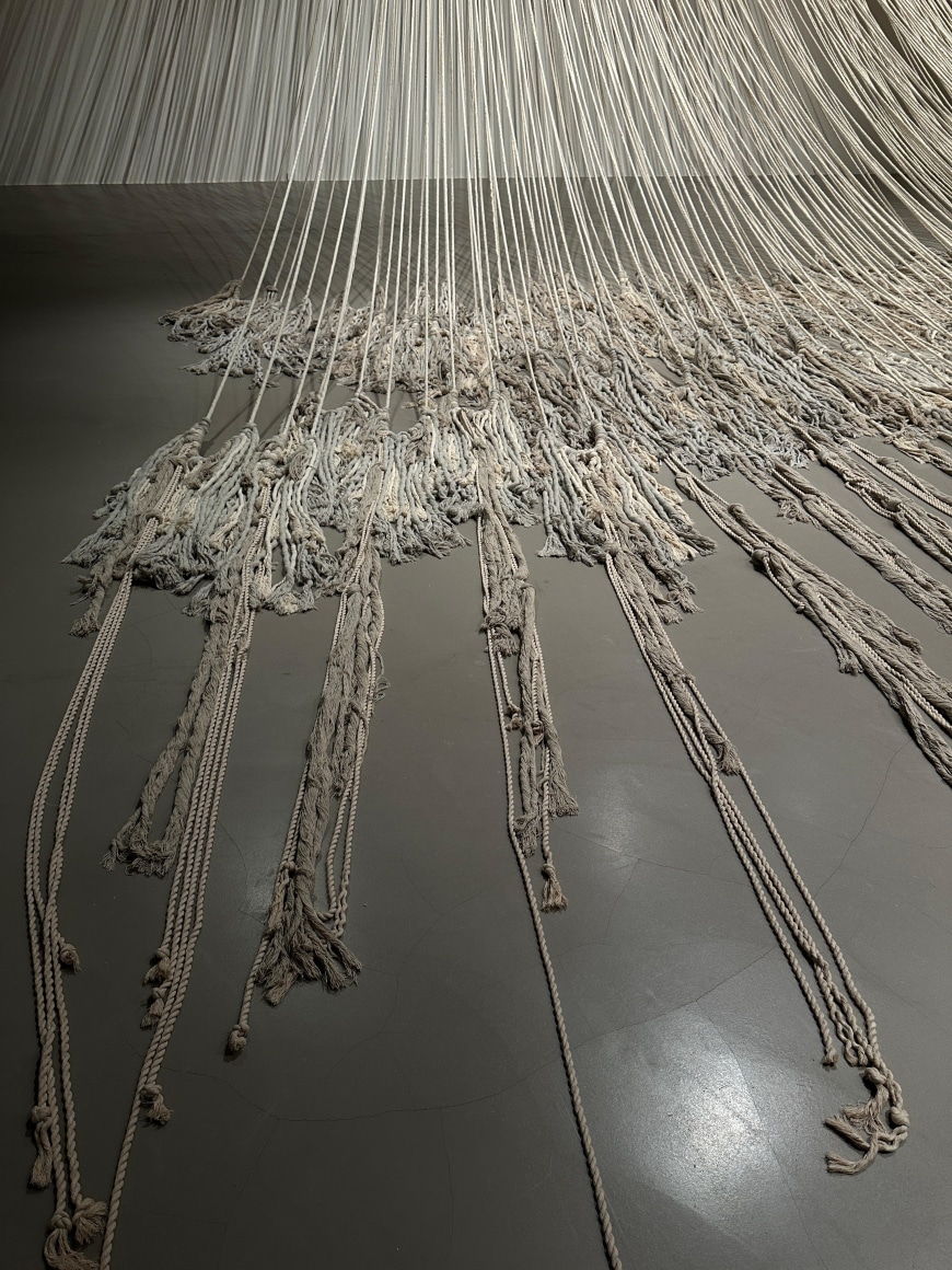Afra Al Dhaheri, Weighted PAUSE:, 2025, Varied cotton rope, wood, and metal hooks