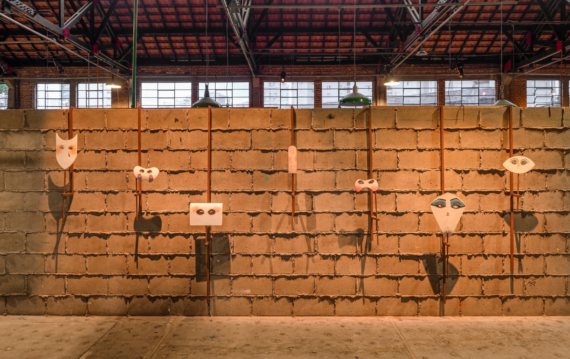 Ana Mazzei, Masks, 2019, Makeup paint, acrylic paint and wood (perobica mica and plywood), composed of 7 masks