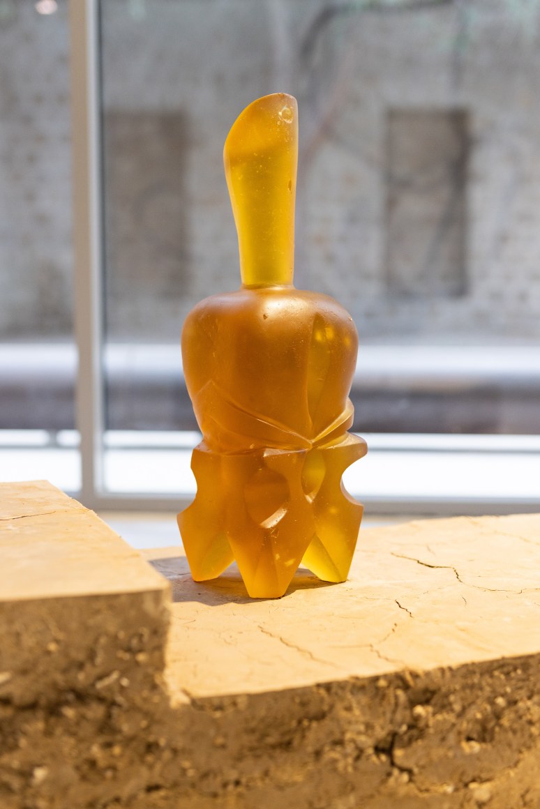 Rossella Biscotti, Oil Vessels Time Smuggling Geometry (amber عنبر), 2025, Murano Glass, 22 x 63 x 21 cm